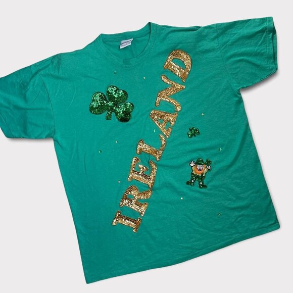 Vintage Green St. Patrick's Day T-Shirt Sequin Leprechaun Clovers XL - Picture 1 of 6
